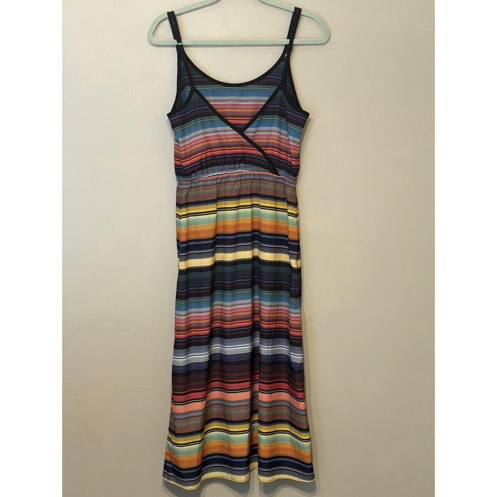Athleta Rainbow Stripe Havana Serape Maxi Dress S Cinch Drawstring Waist V Back